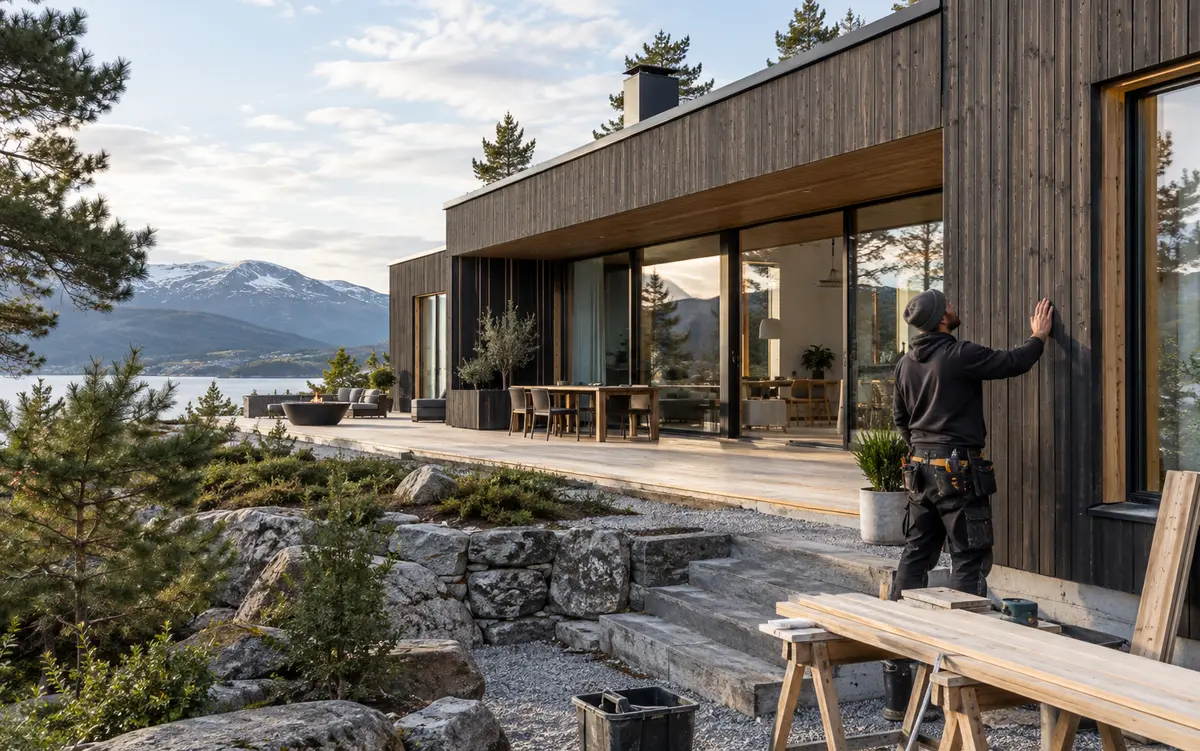 Nyrenovert moderne trehus i norsk landskap