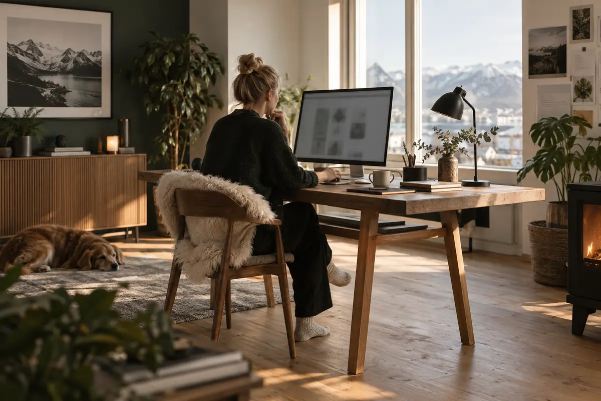 Webdesigner som arbeider ved et skrivebord i et varmt studio