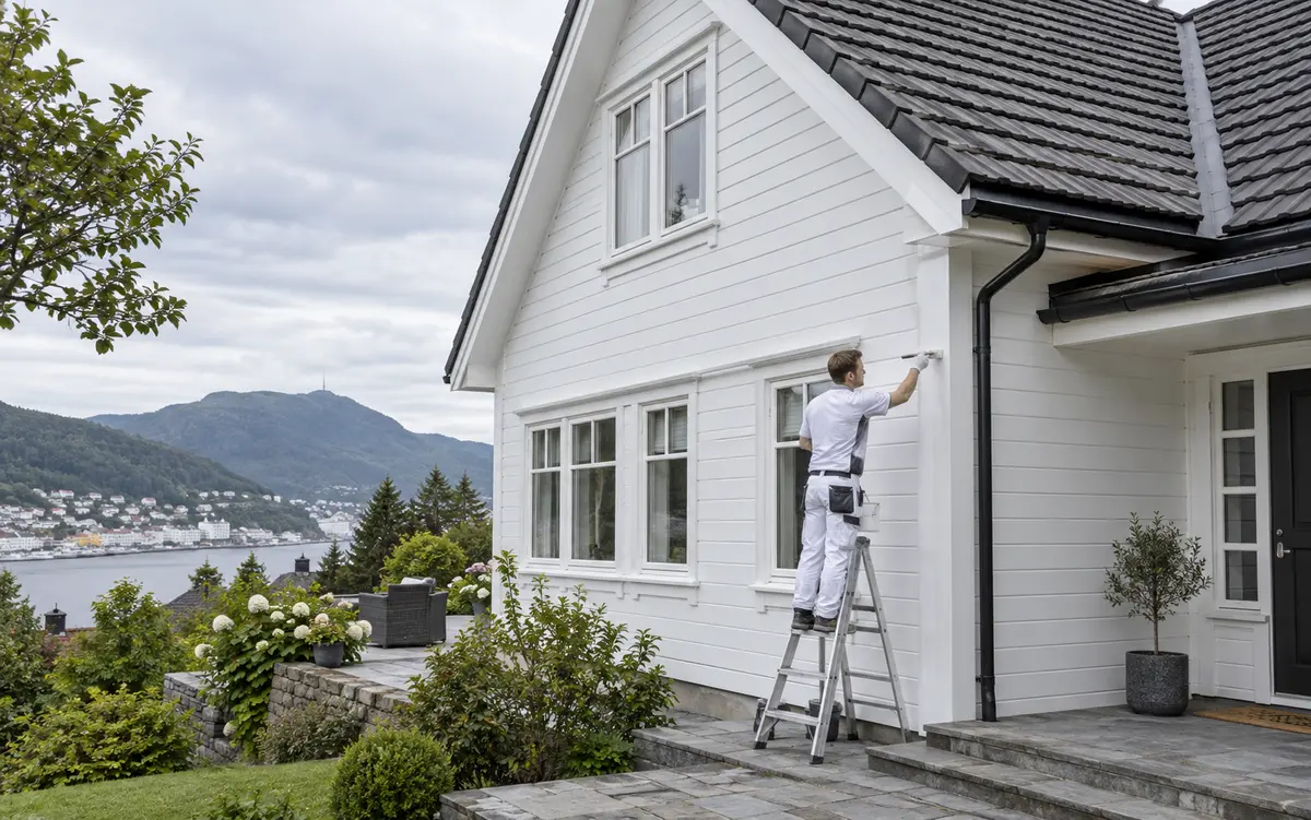 Maler som arbeider på en hvit trevilla ved Bergen